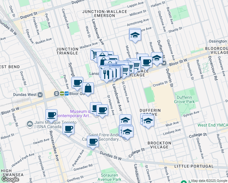 map of restaurants, bars, coffee shops, grocery stores, and more near 488 Lansdowne Avenue in Toronto