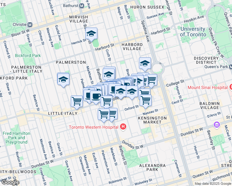 map of restaurants, bars, coffee shops, grocery stores, and more near 434 College Street in Toronto