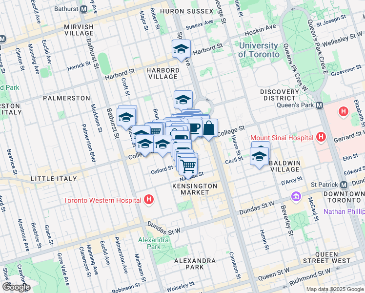 map of restaurants, bars, coffee shops, grocery stores, and more near 335 College Street in Toronto