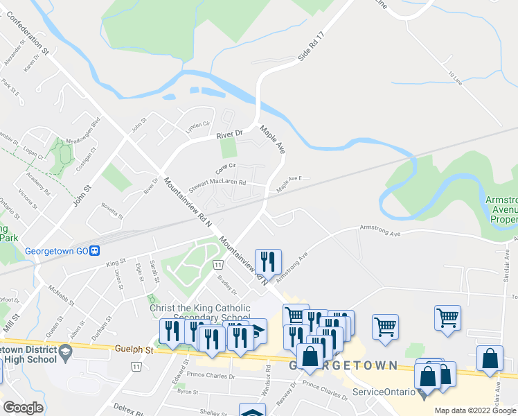 map of restaurants, bars, coffee shops, grocery stores, and more near 52 Maple Avenue in Halton Hills
