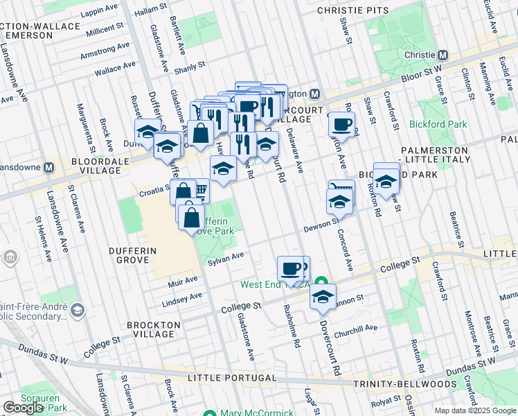 map of restaurants, bars, coffee shops, grocery stores, and more near Rusholme Road in Toronto