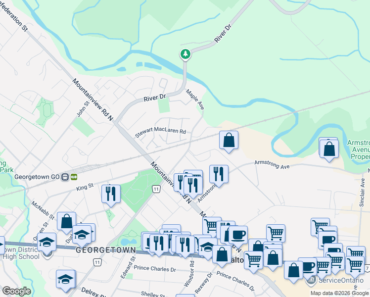 map of restaurants, bars, coffee shops, grocery stores, and more near 52 Maple Avenue in Halton Hills