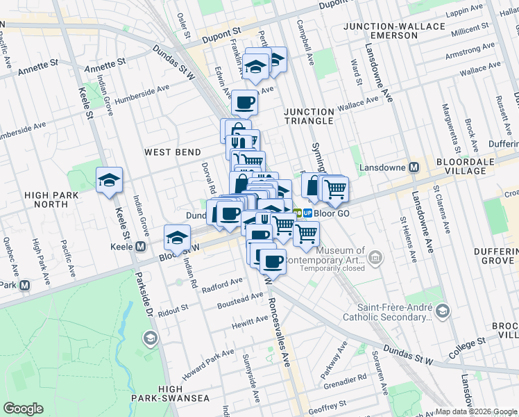 map of restaurants, bars, coffee shops, grocery stores, and more near 2350 Dundas Street West in Toronto