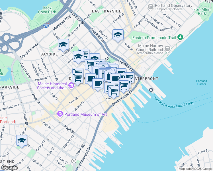 map of restaurants, bars, coffee shops, grocery stores, and more near 195 Middle Street in Portland