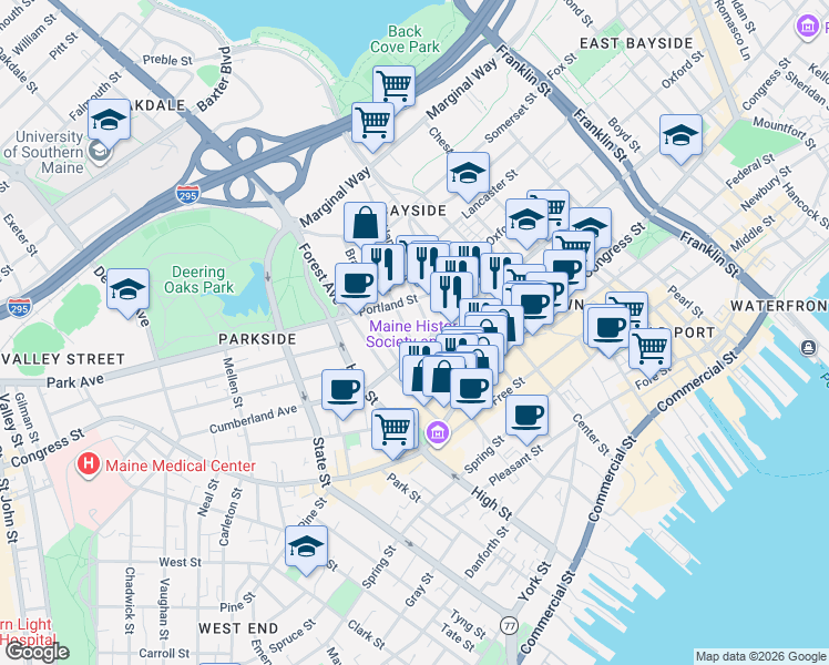 map of restaurants, bars, coffee shops, grocery stores, and more near 9 Hanover Street in Portland