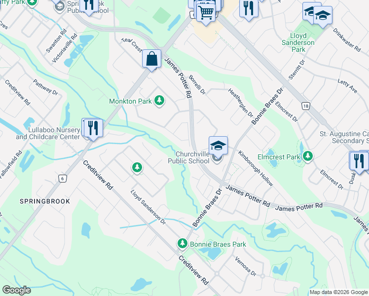 map of restaurants, bars, coffee shops, grocery stores, and more near 8 Teaberry Terrace in Brampton