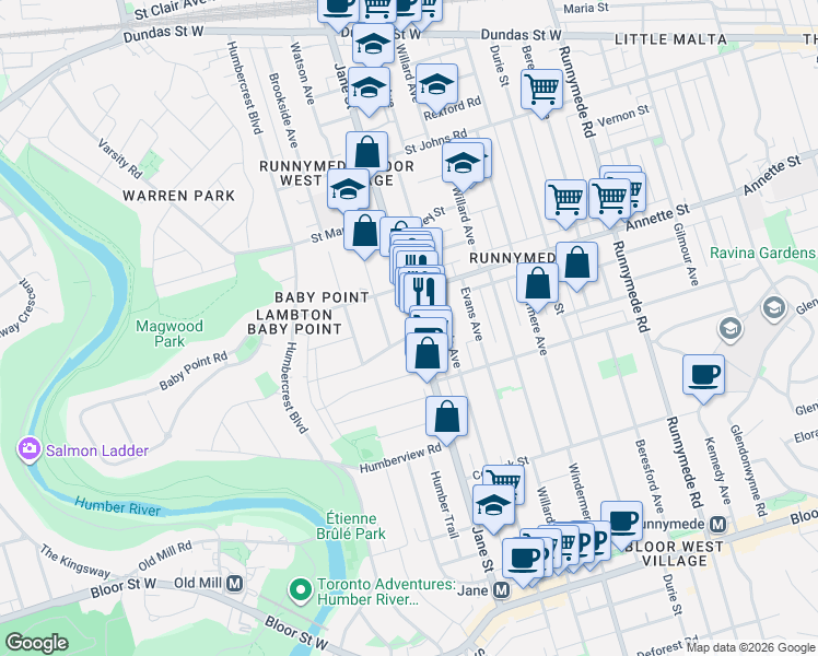map of restaurants, bars, coffee shops, grocery stores, and more near 360 Jane Street in Toronto