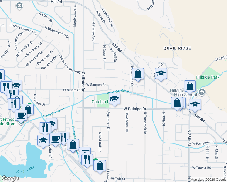 map of restaurants, bars, coffee shops, grocery stores, and more near 4479 West Bloom Street in Boise