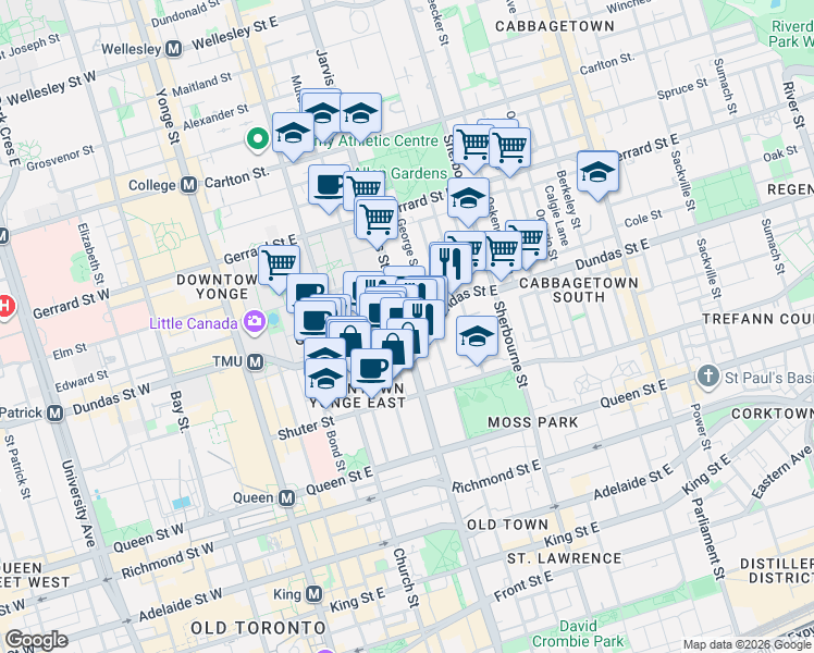 map of restaurants, bars, coffee shops, grocery stores, and more near 251 Jarvis Street in Toronto