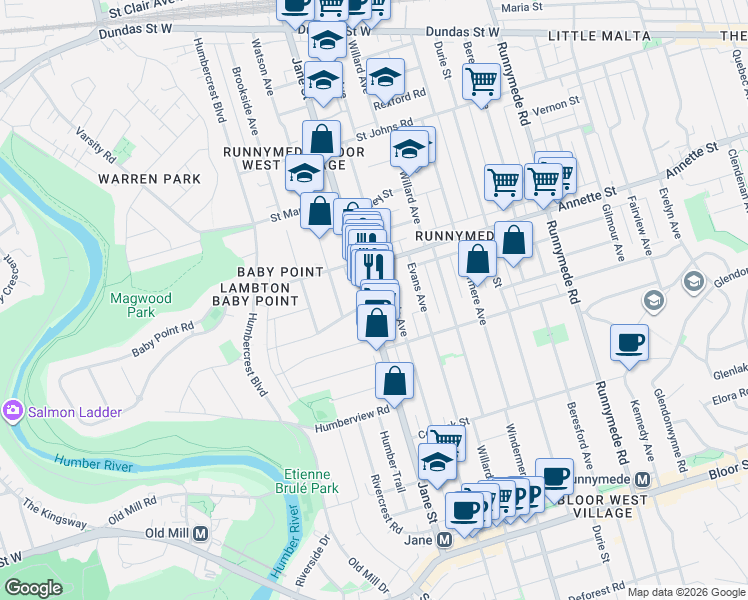 map of restaurants, bars, coffee shops, grocery stores, and more near in Toronto