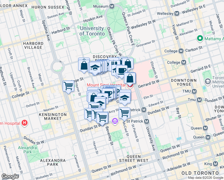 map of restaurants, bars, coffee shops, grocery stores, and more near 210 McCaul Street in Toronto