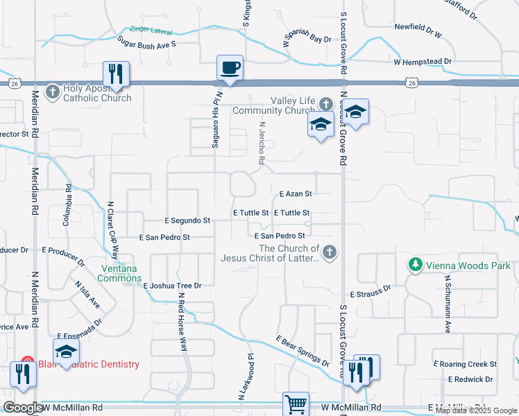 map of restaurants, bars, coffee shops, grocery stores, and more near 1150 East Tuttle Street in Meridian