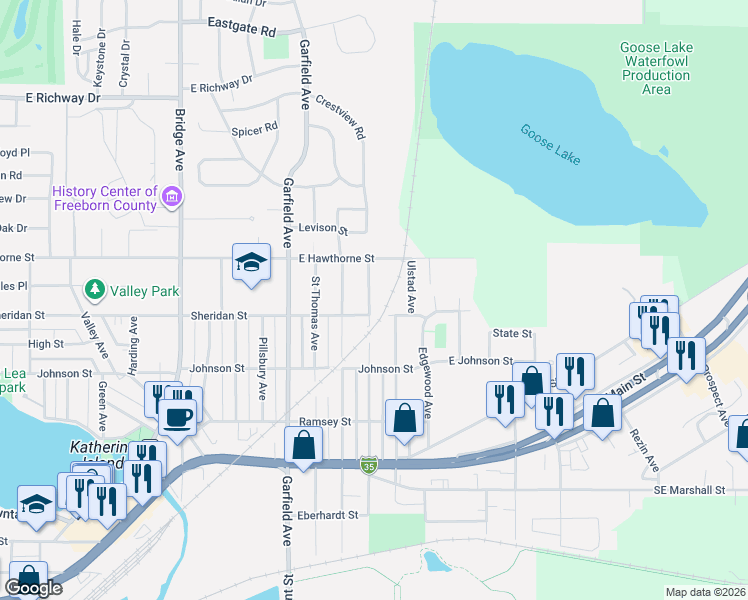 map of restaurants, bars, coffee shops, grocery stores, and more near 914 Saint Peter Avenue in Albert Lea