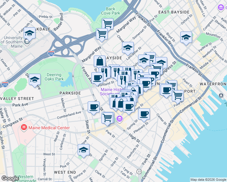 map of restaurants, bars, coffee shops, grocery stores, and more near 9 Hanover Street in Portland