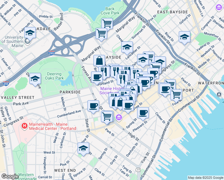 map of restaurants, bars, coffee shops, grocery stores, and more near 9 Hanover Street in Portland