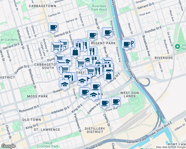 map of restaurants, bars, coffee shops, grocery stores, and more near in Toronto