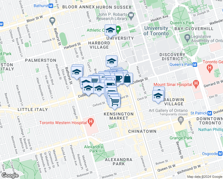 map of restaurants, bars, coffee shops, grocery stores, and more near in Toronto