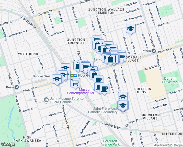 map of restaurants, bars, coffee shops, grocery stores, and more near in Toronto