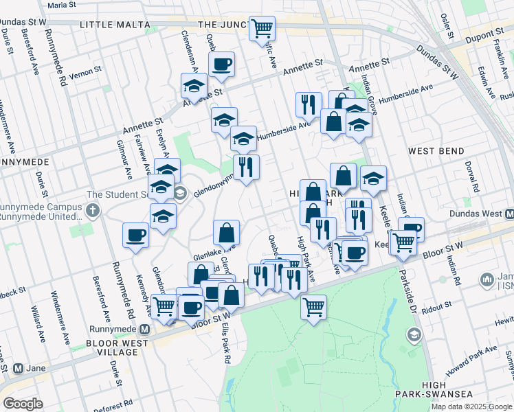 map of restaurants, bars, coffee shops, grocery stores, and more near in Toronto