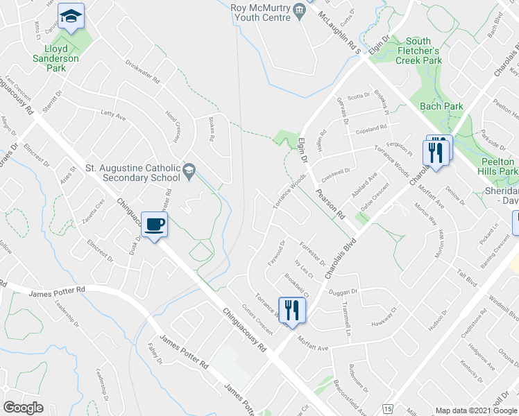 map of restaurants, bars, coffee shops, grocery stores, and more near 17 Calmist Crescent in Brampton