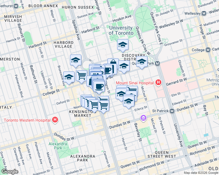 map of restaurants, bars, coffee shops, grocery stores, and more near 161 Huron Street in Toronto