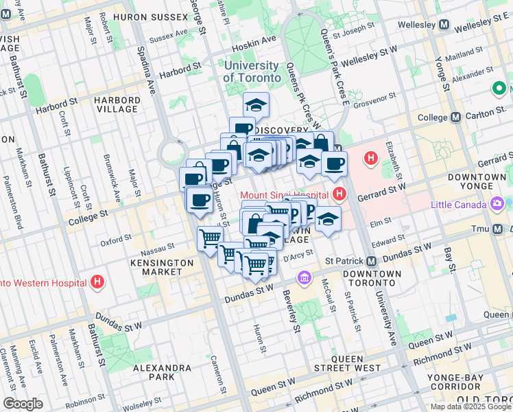 map of restaurants, bars, coffee shops, grocery stores, and more near 214 Beverley Street in Toronto