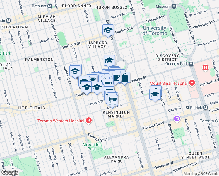 map of restaurants, bars, coffee shops, grocery stores, and more near 333 College Street in Toronto