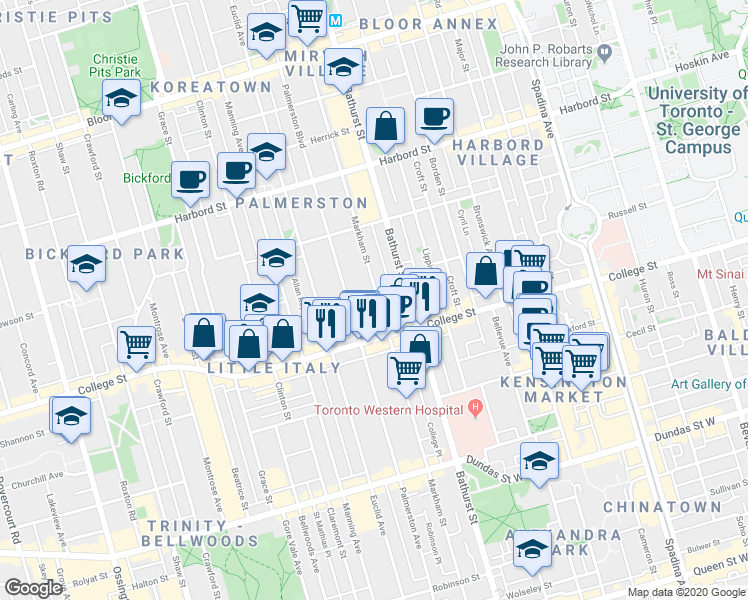 map of restaurants, bars, coffee shops, grocery stores, and more near 338 Markham Street in Toronto