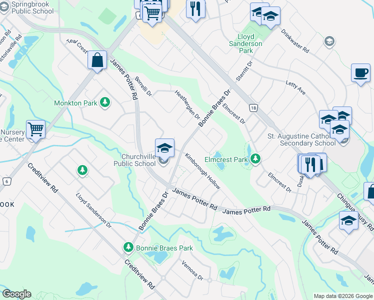 map of restaurants, bars, coffee shops, grocery stores, and more near 115 Bonnie Braes Drive in Brampton