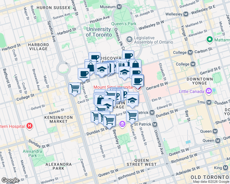 map of restaurants, bars, coffee shops, grocery stores, and more near 23 Henry Street in Toronto