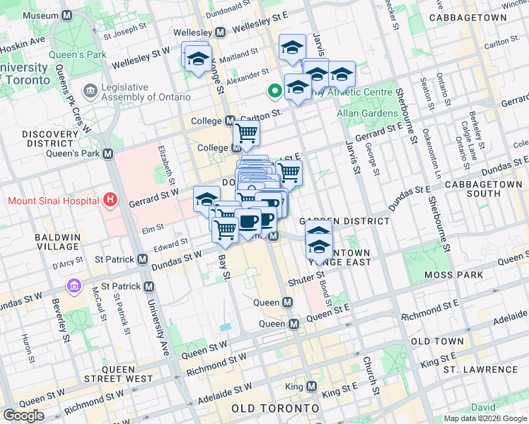 map of restaurants, bars, coffee shops, grocery stores, and more near 335 Yonge Street in Toronto