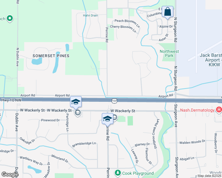 map of restaurants, bars, coffee shops, grocery stores, and more near 6506 Perrine Road in Midland