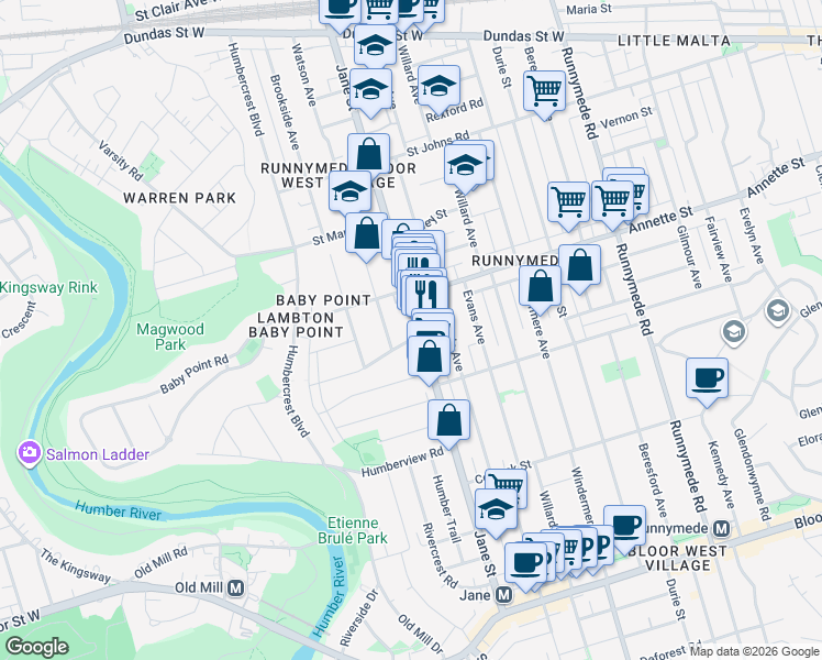 map of restaurants, bars, coffee shops, grocery stores, and more near 362 Jane Street in Toronto