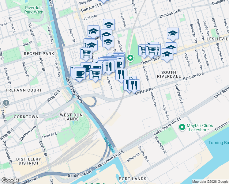 map of restaurants, bars, coffee shops, grocery stores, and more near 27 Lewis Street in Toronto