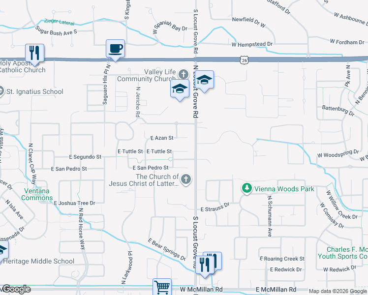 map of restaurants, bars, coffee shops, grocery stores, and more near 1476 East Yucca Canyon Street in Meridian