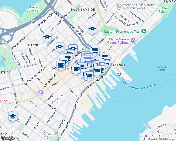 map of restaurants, bars, coffee shops, grocery stores, and more near 39 Exchange Street in Portland