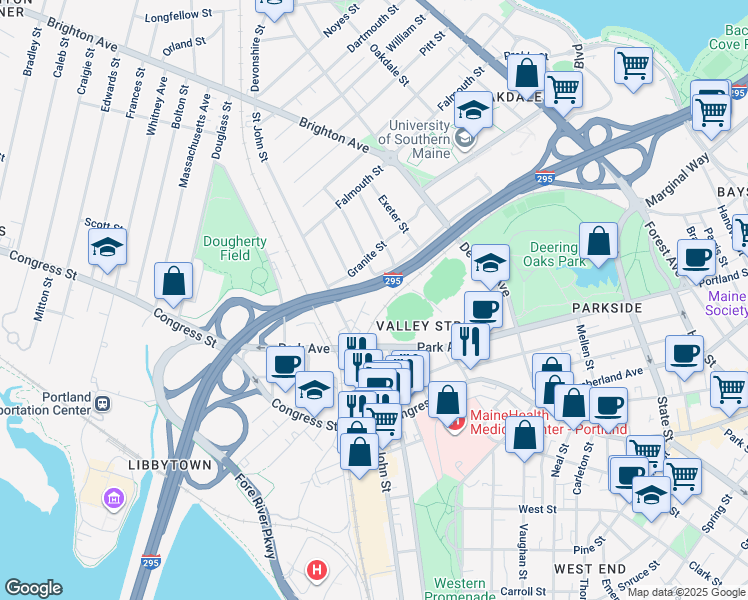 map of restaurants, bars, coffee shops, grocery stores, and more near 144 Washburn Avenue in Portland