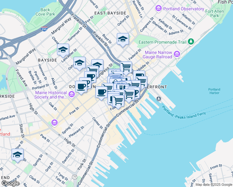map of restaurants, bars, coffee shops, grocery stores, and more near 43 Exchange Street in Portland