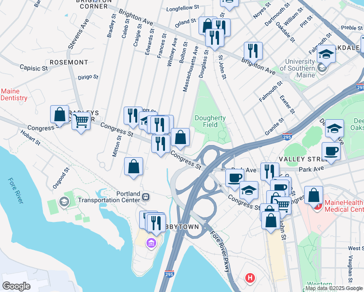 map of restaurants, bars, coffee shops, grocery stores, and more near 56 Douglass Street in Portland