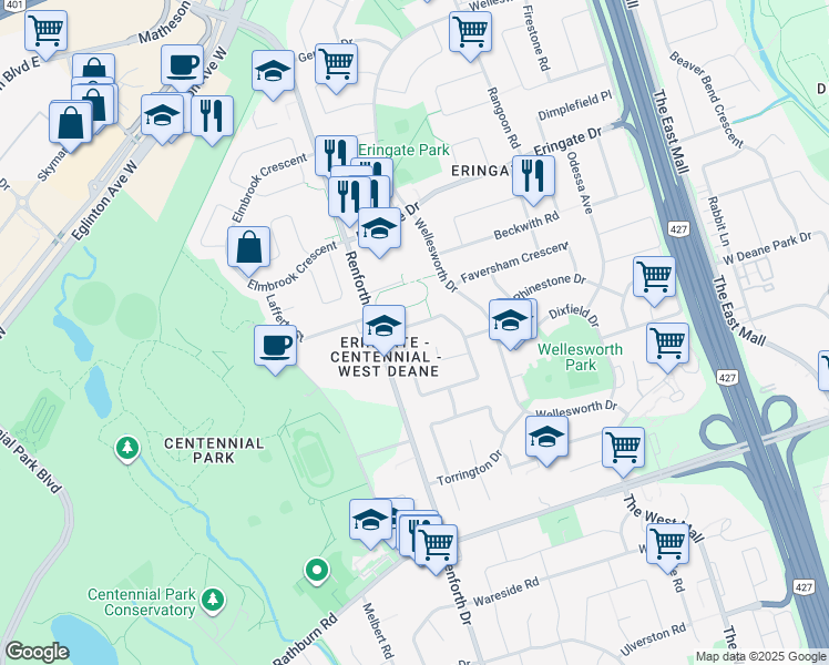 map of restaurants, bars, coffee shops, grocery stores, and more near 48 Richland Crescent in Toronto