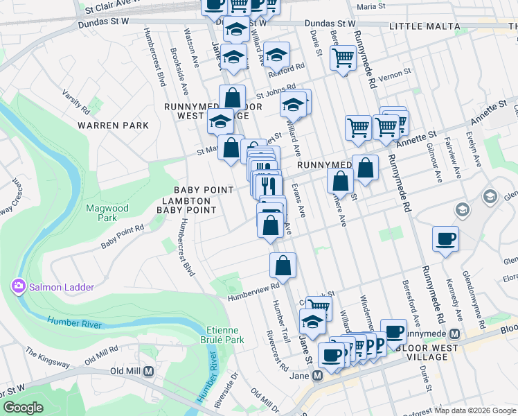 map of restaurants, bars, coffee shops, grocery stores, and more near 368 Jane Street in Toronto
