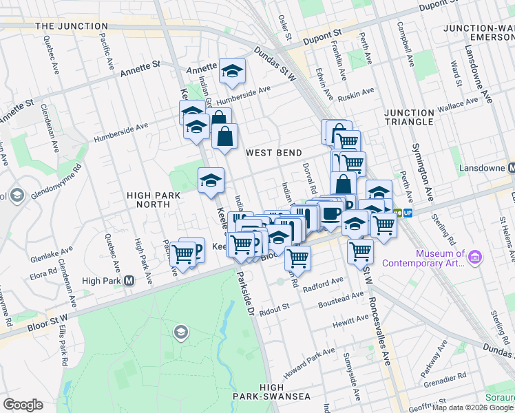 map of restaurants, bars, coffee shops, grocery stores, and more near 44 Indian Road Crescent in Toronto