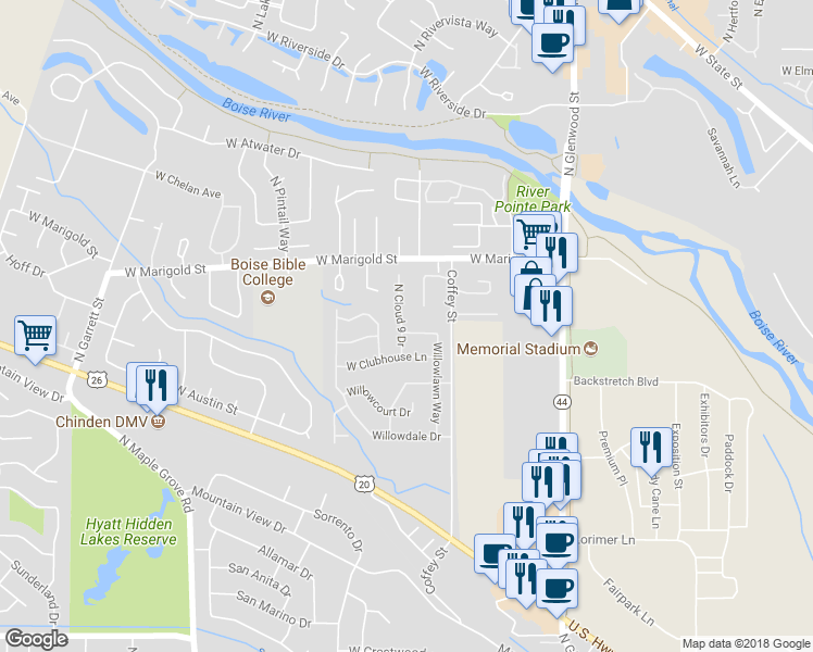 map of restaurants, bars, coffee shops, grocery stores, and more near 5800 North Cloud 9 Drive in Boise