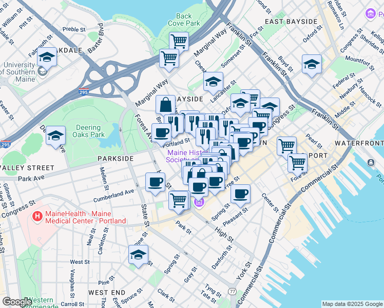 map of restaurants, bars, coffee shops, grocery stores, and more near 8 Hanover Street in Portland