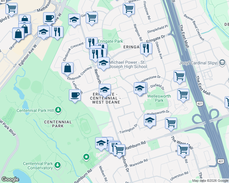 map of restaurants, bars, coffee shops, grocery stores, and more near 52 Richland Crescent in Toronto