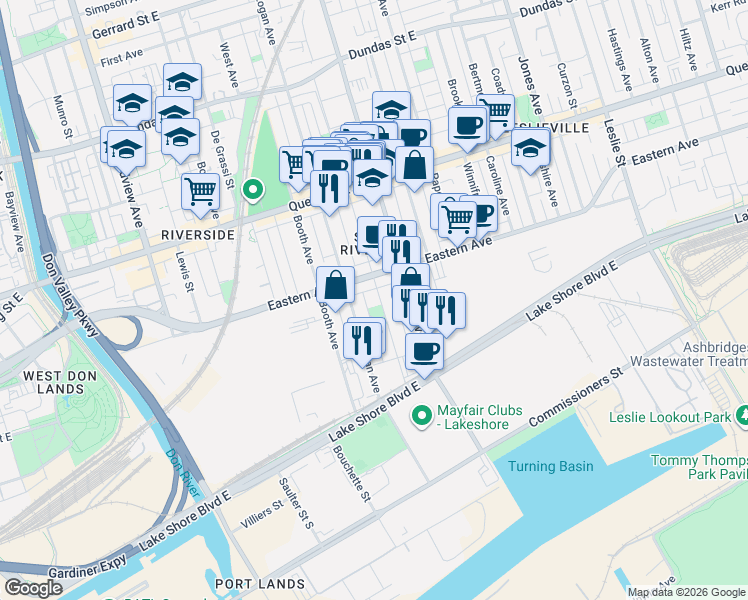 map of restaurants, bars, coffee shops, grocery stores, and more near 100 Morse Street in Toronto