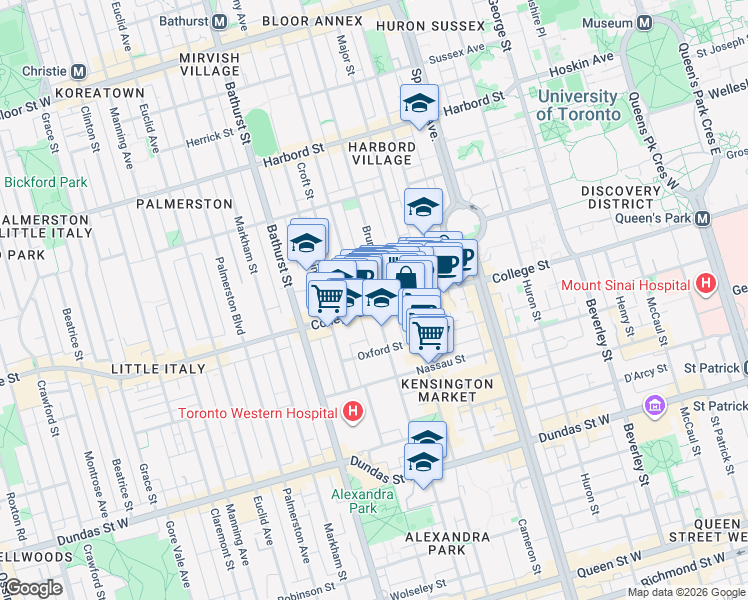 map of restaurants, bars, coffee shops, grocery stores, and more near 366 College Street in Toronto