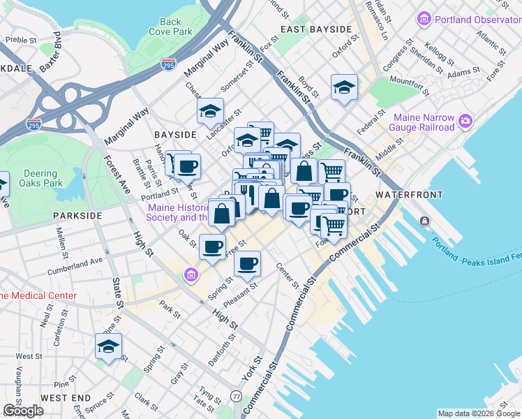 map of restaurants, bars, coffee shops, grocery stores, and more near 4 Monument Way in Portland