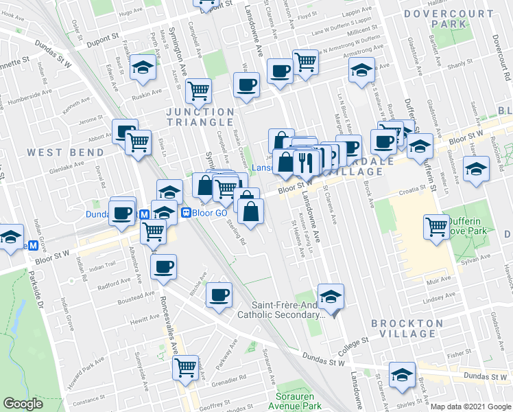 map of restaurants, bars, coffee shops, grocery stores, and more near 1369 Bloor Street West in Toronto
