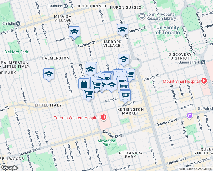 map of restaurants, bars, coffee shops, grocery stores, and more near 376 College Street in Toronto